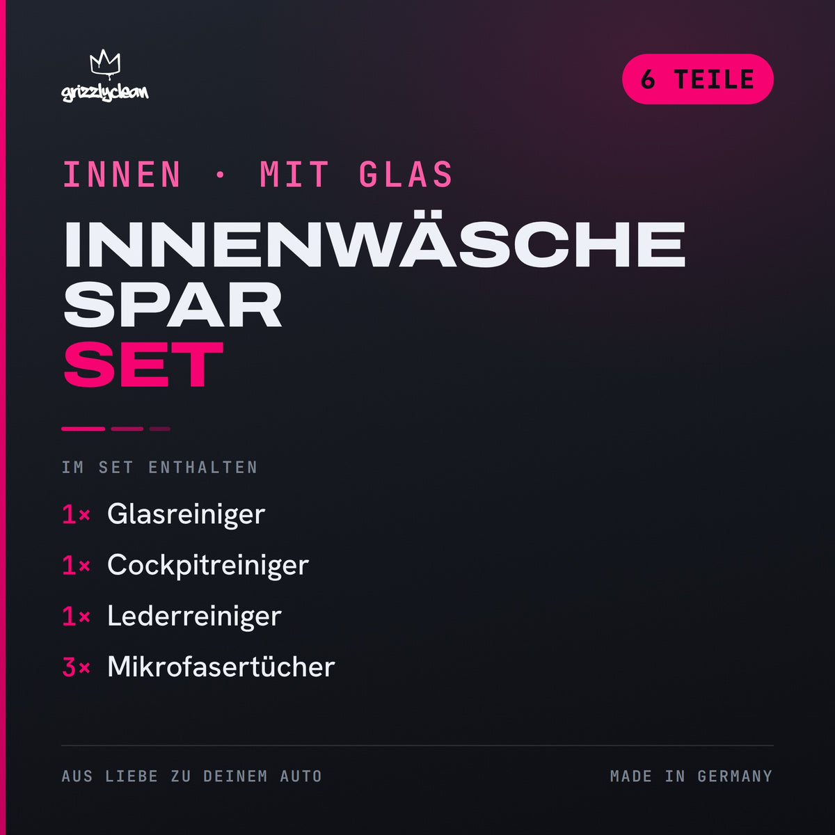 GrizzlyClean Innenwaesche Spar Set Inhalt: 6 Teile fuer den Innenraum inklusive Glasreiniger