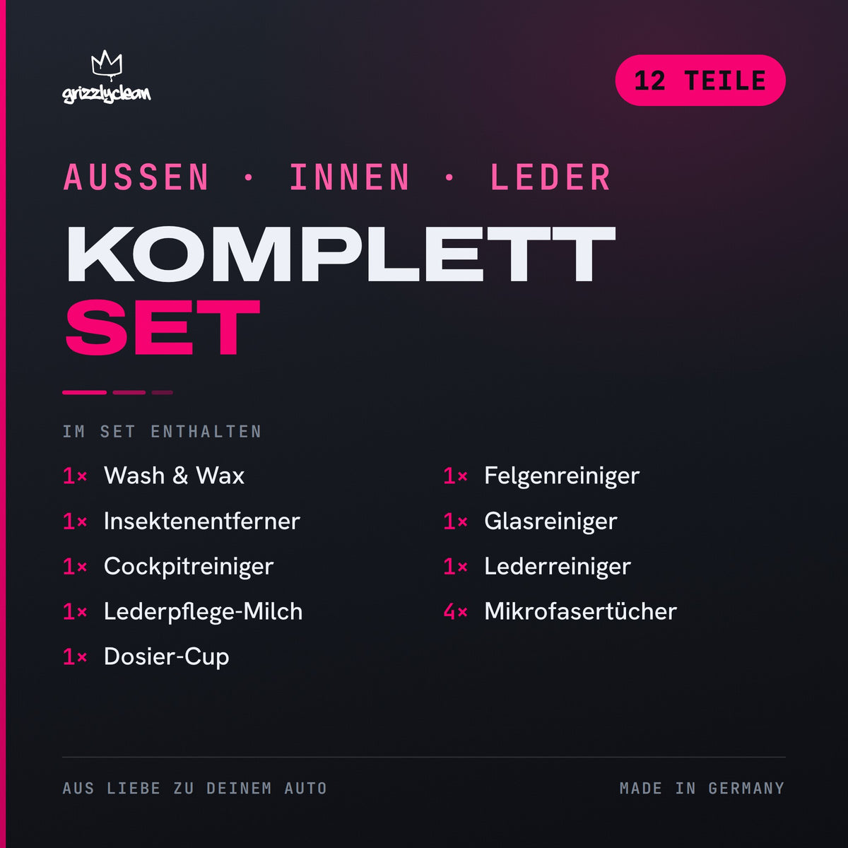 GrizzlyClean Komplett Set Inhalt: 12 Teile fuer Aussen, Innen und Leder