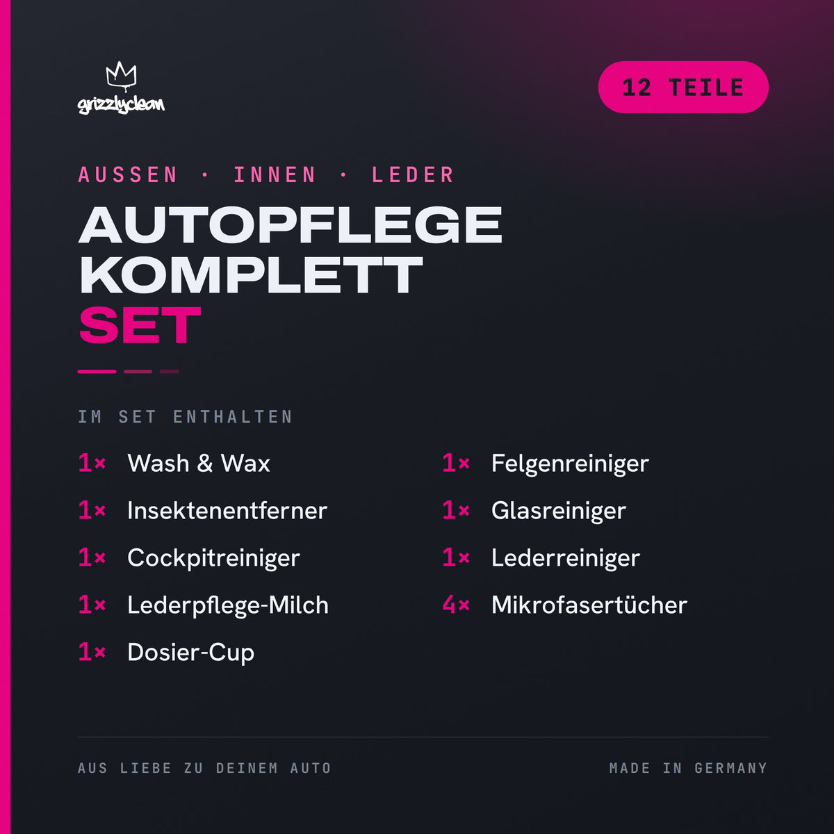 GrizzlyClean Autopflege Komplett Set Inhalt: 12 Teile fuer Aussen, Innen und Leder