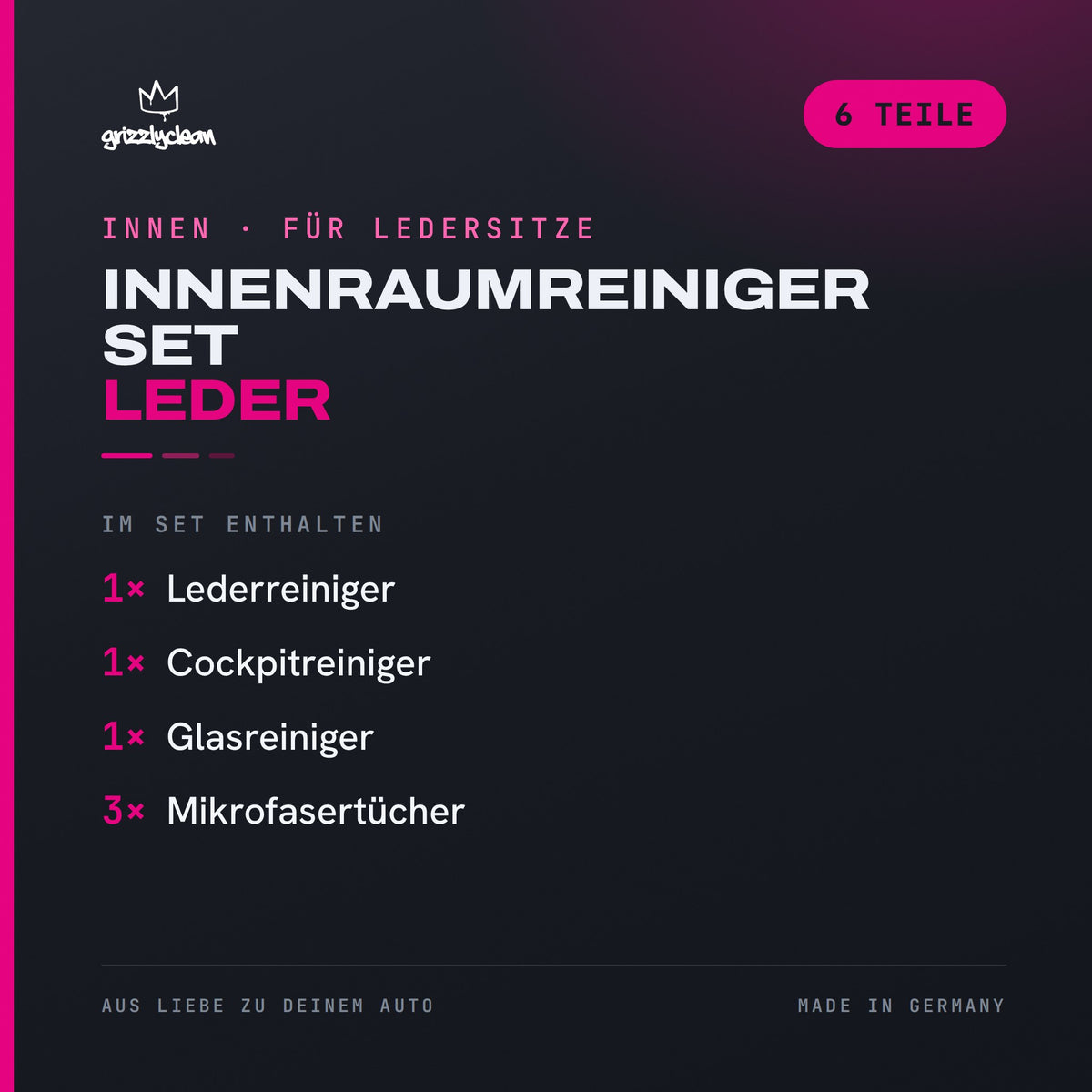 GrizzlyClean Innenraumreiniger Set Leder Inhalt: 6 Teile fuer Autos mit Ledersitzen